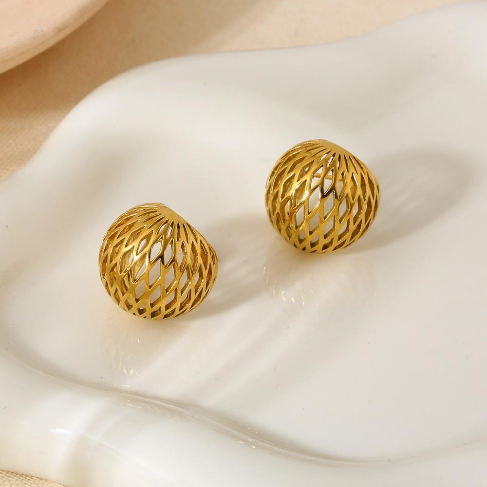 European and American retro design sense niche hollow diamond hemisphere stud earrings plated with 18k gold stainless steel waterproof earrings