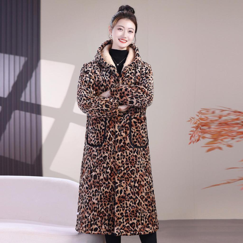 Women's Extra Long Flannel Hooded Jacket with Thick Fleece Padding for Winter Work and Home Wear