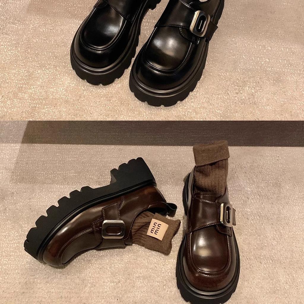 Grape Mother of the Same Style, College Style Square Buckle Lazy One-pedal Muffin Thick Heel Thick Sole Leather Loafers Small Leather Shoes