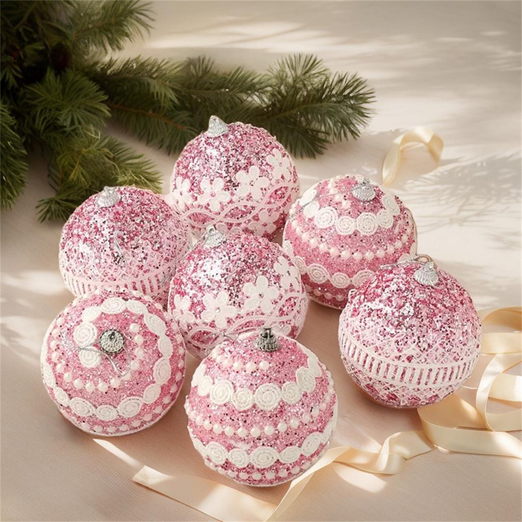 Christmas Ball Ornaments Set 9Pcs Glitter Pink Floral Ball Hanging Decorations Shatterproof Baubles for Party