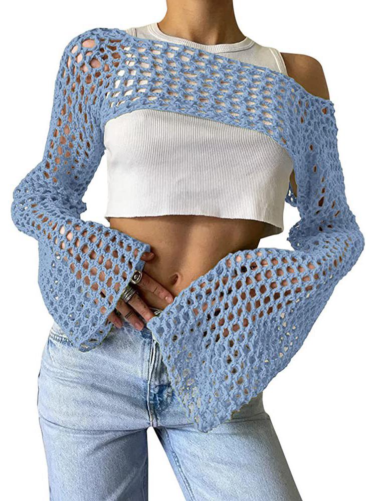 2025 Autumn Women's Ultra-Short Hand-Hooked Mesh Sweater with Trumpet Sleeves