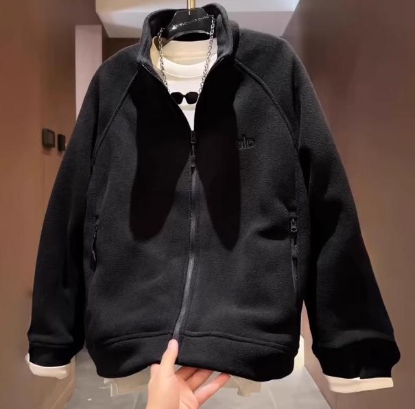 Men s Versatile Warm Double-Sided Fleece Jacket with Embroidered Letters and Stand-Up Collar 3XL