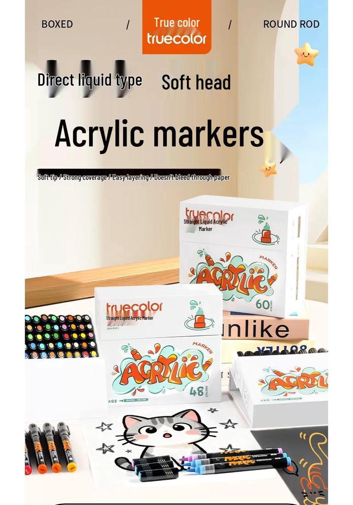 True Color Washable Soft Tip Acrylic Marker for Children and Students - Ideal for Art, Painting, and Graffiti