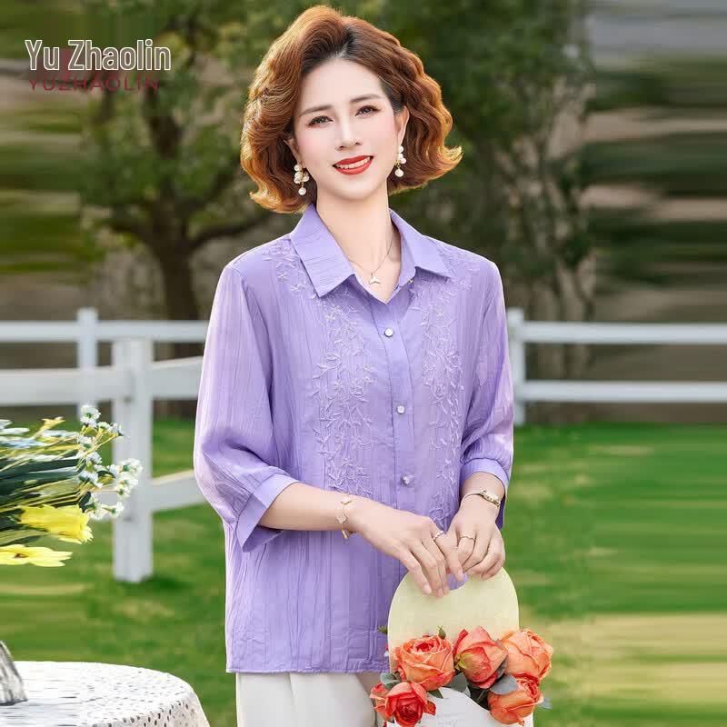 YUZHAOLIN Women s Summer 3/4 Sleeve Lapel Blouse 4XL