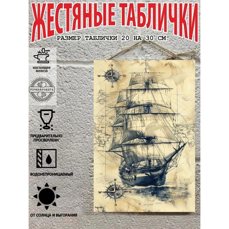 Vintage Sailing Ship Nautical Map Metal Wall Art Decor 20x30cm