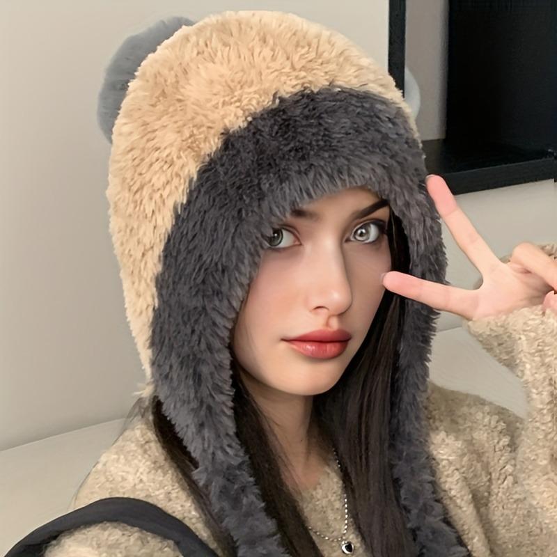 Fashion Autumn and Winter Splicing Knitted Ball Hanging Plush Hat Women Fluffy Plush No Eaves Hat Warm Thickened Plush Ear Hat