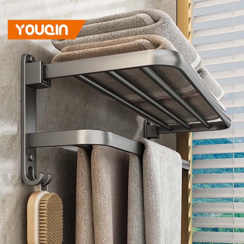 YOUQIN 60cm Foldable Double-Layer Bathroom Shelf with Towel Bar