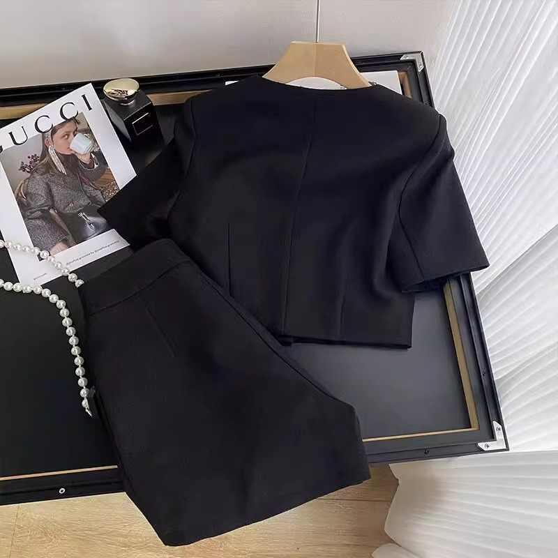 Fashion Office Lady Outfit Summer Chain Splicing Tweed Suit Women Single Breasted Top+Slim Shorts Elegant 2Pcs Set