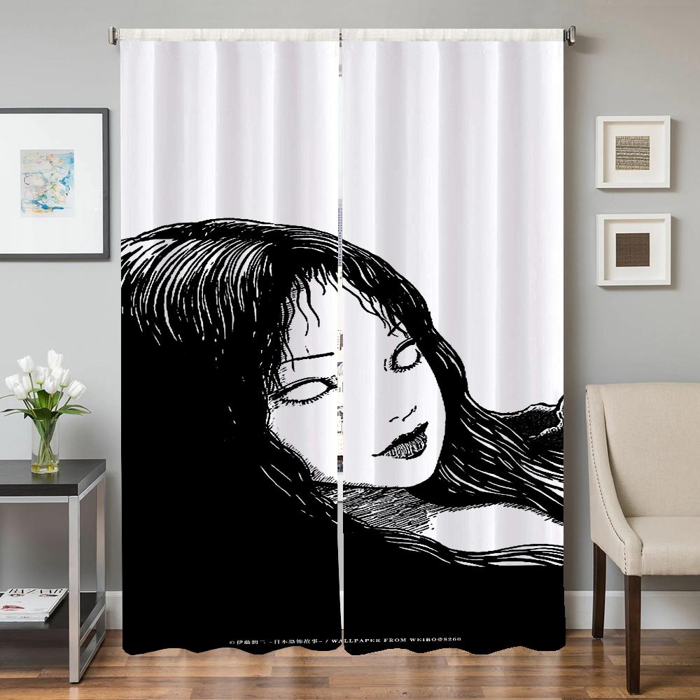 Home Interior Kitchen Curtains for Living Room 2 Pieces Blackout Curtains Door Curtain Junji Ito Bedroom Decoration Partition