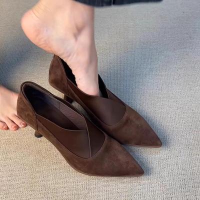Suede High-heeled Elastic Mouth One-pedal V-mouth Single Shoes Women's 2025 Autumn and Winter New Versatile Commuter Pointed Shoes
