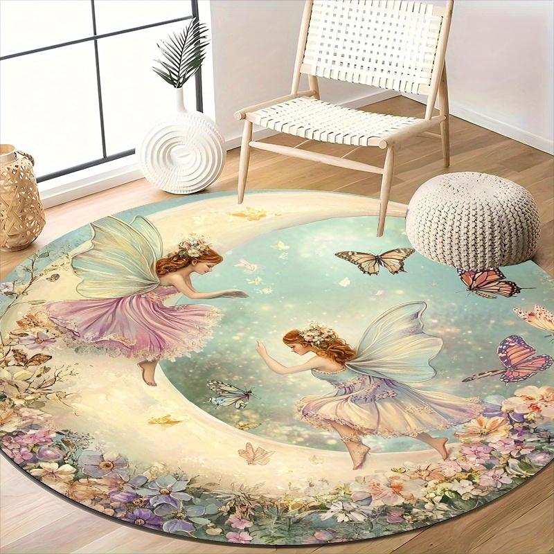 1pc Enchanted Fairy&Butterfly Round Floor Mat-Non-Slip Machine Washable 100% Polyester,Whimsical Floral Design for Living Room Bedroom Study