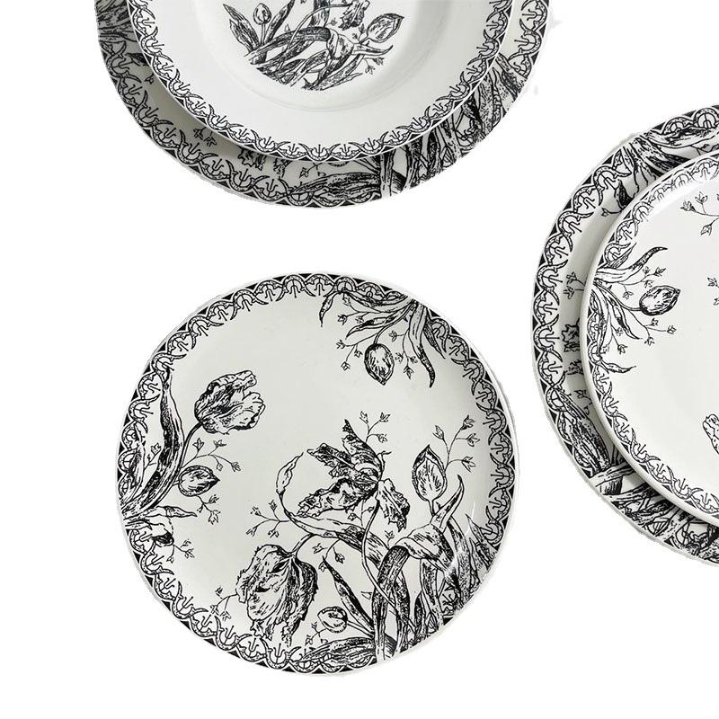 Spot Premium French Black Tulip Flower Ceramic Plate Art Western Food Soup Plate Cup Plate Hand Painted Dessert Steak Dining