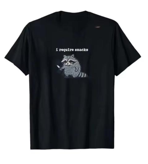 

I Require Snacks Raccoon TShirt Humor Funny Cute Animal Print Y2k Design Tees Graphic Outfit Short Sleeve Blouses Novelty Gift S