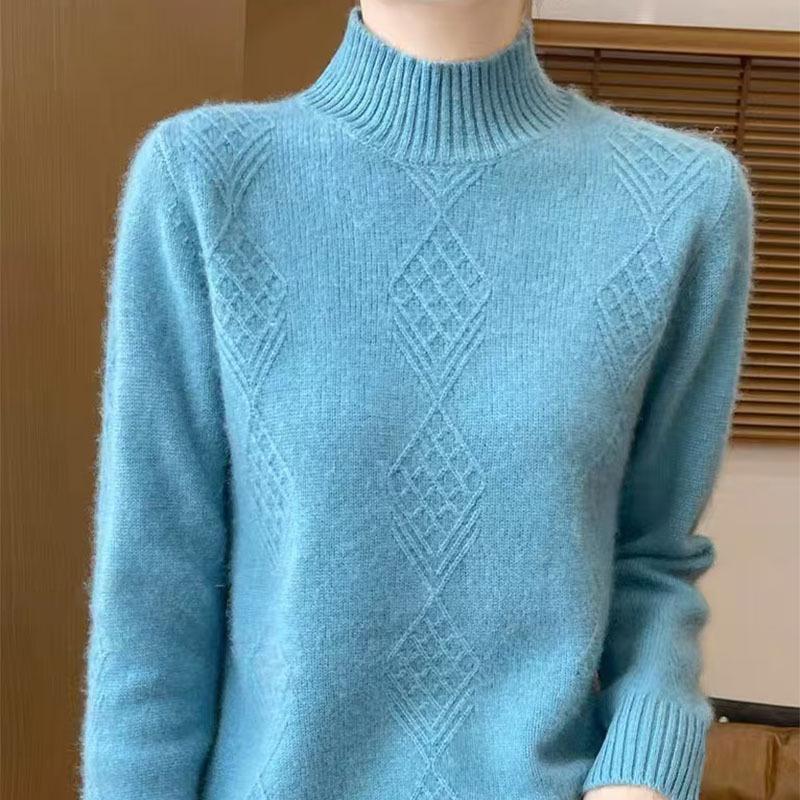 Half High Collar Jacquard Knitted Sweater Women's Autumn and Winter Solid Color Knitted Sweater Long Sleeved Loose Thick Pullover