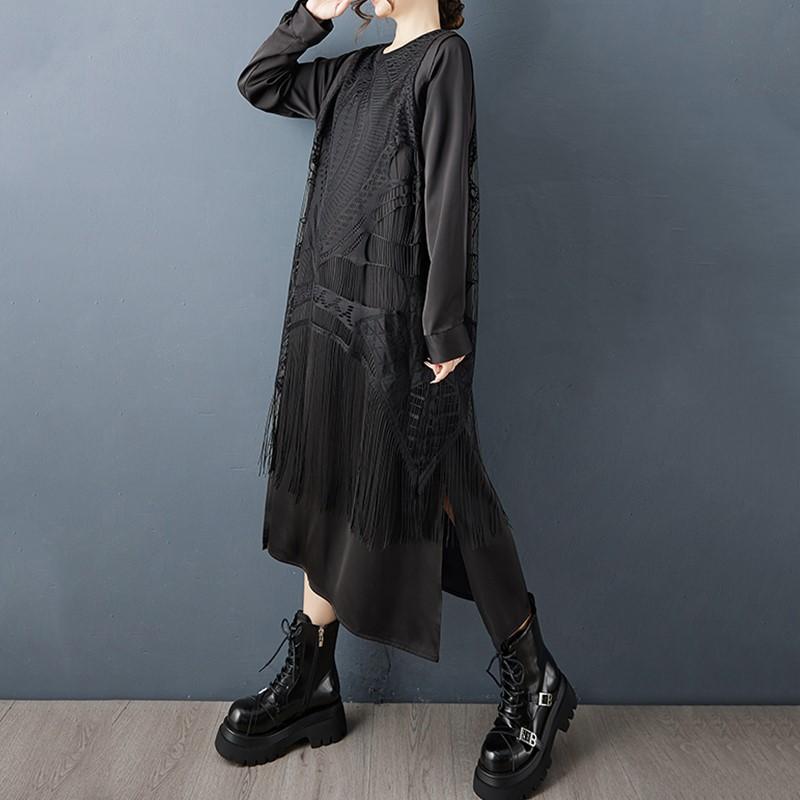 Long sleeve Plus size vintage Black new in dresses for women casual loose Spring autumn dress