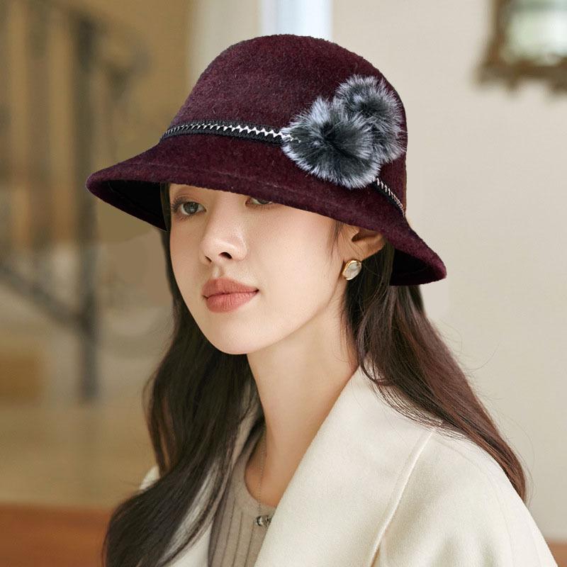 Mink Fur Basin Hat for Women Small Face Versatile Autumn Winter Edge Double Wool Ball Fisherman Hat Fashionable Woolen Cloth Simple Hat