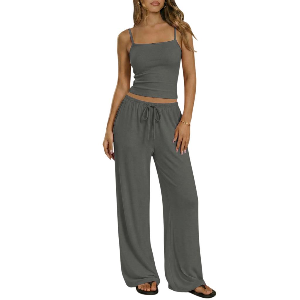 Spring Summer Women Camisole Crop Top Long Pants Casual Wide Leg Pants Lazy Style Set