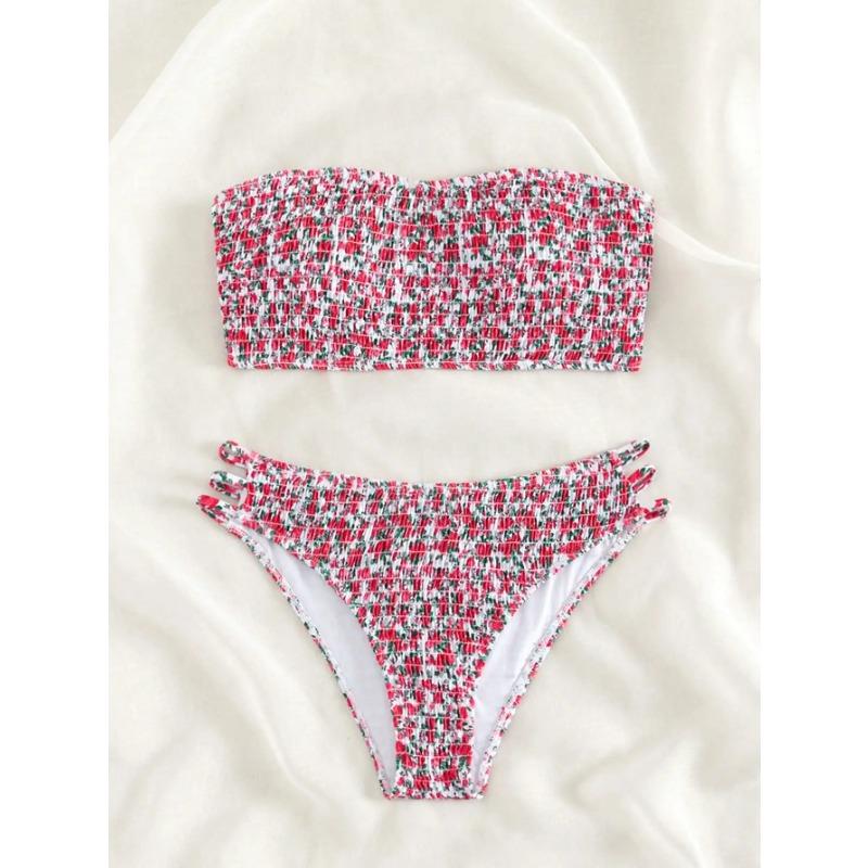 

Новый цветочный бандо с открытой спиной бикини сексуальный купальник с высокой талией и разрезом для женщин M красный