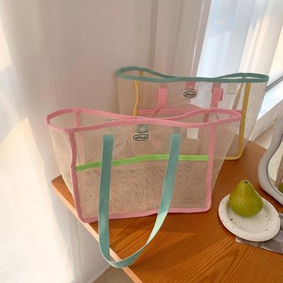 Color-Block Mesh Tote Bag - Portable Cosmetic Storage for Outings