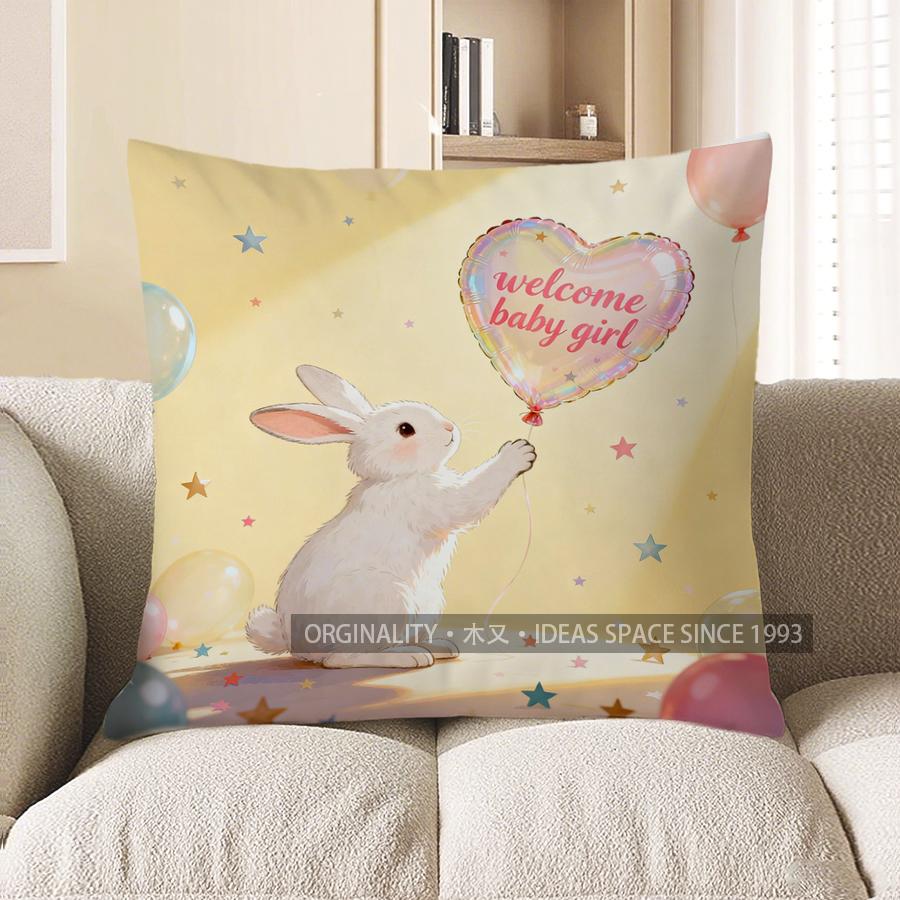 

2D Cute Bunny Welcomes Baby Girl Throw Pillow Pattern Cushion Cover Suitable For Sofa Bedroom Car Pillow Cover 40x40cm