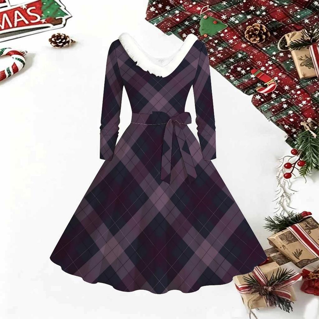 Women Floral Print Midi Dress, Long Sleeve V‑Neck Furry Trim A‑Line Party Dress, Christmas Limited Edition