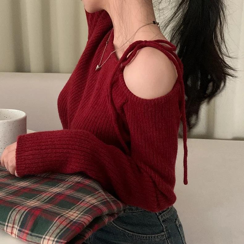 Slanted Collar Tied Irregular Pullover Women's Long Sleeved Knitted Tops Autumn Winter Korean Fashion Red Retro Sweaters