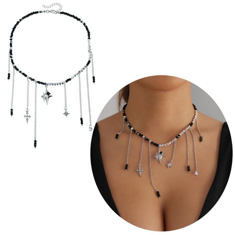 Fashionable Y2K Inspired Necklace Feature Black Beads Star Crucifix And Fringe Detail Clavicle Design For Trendy Women