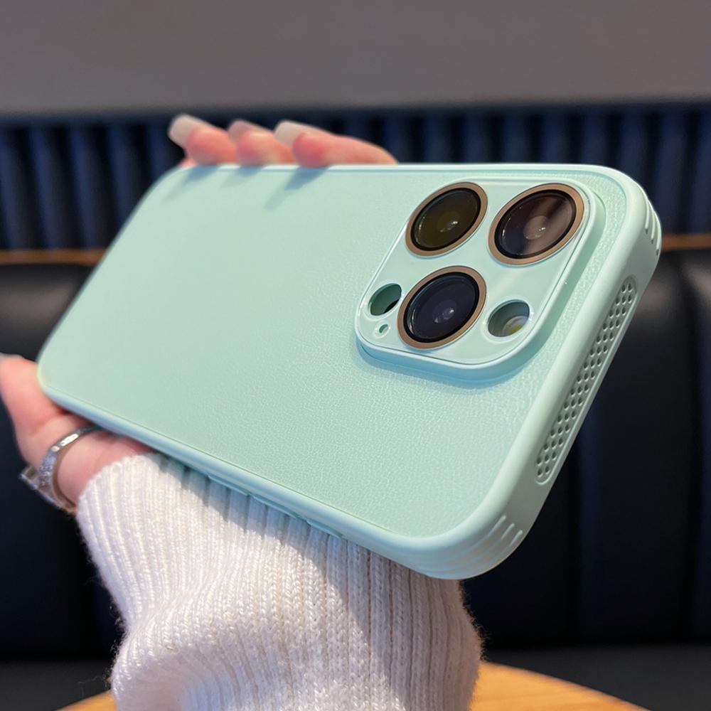 Luxusní kožený chladicí kryt na telefon se vzorem liči pro iPhone 15 14 13 12 Pro Max, ochrana objektivu, odvod tepla, kryt rámečku