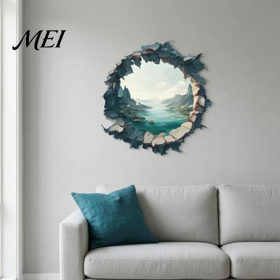 Creative Wall Breaking Effect 3D Mountain & River Landscape Sticker, PVC Waterproof Mural, Peel And Mural for Glass Windows Stick Decals Living