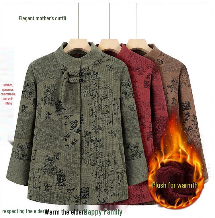 Stylish Chinese-Style Wool Coat for Middle-Aged and Elderly Women - Thickened Velvet Outerwear for Autumn and Winter