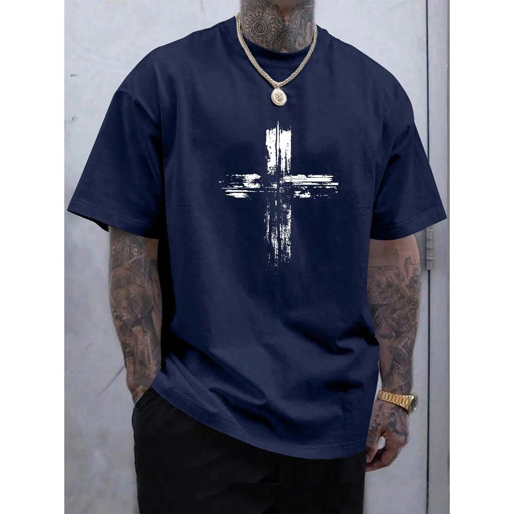 Men's Summer 100 Cotton Fashionable Casual Loose Plus Size Retro Cross Print Sports Round Neck Short Sleeved T-shirt Top