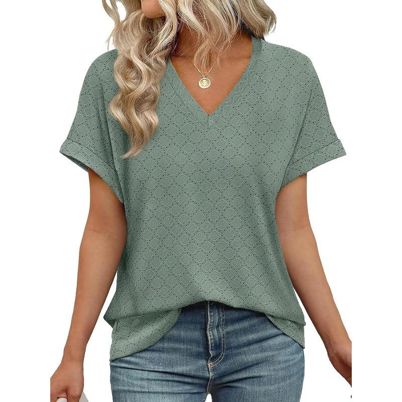 VEZFAA Camicette e camicie con scollo a V a maniche corte con stampa tinta unita primavera estate casual alla moda da donna