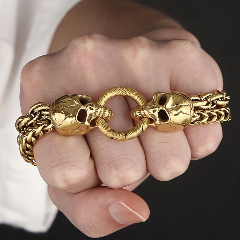 Cooles Skelett-Totenkopf-Armband für Männer aus poliertem Edelstahl, 13 mm breite Doppelgliederkette, Herrenarmbänder, Punk-Gothic-Schmuck