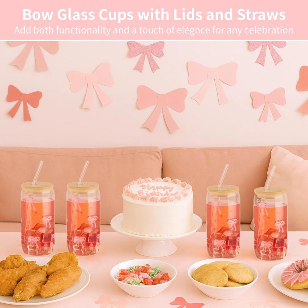 4pcs Bow Glass Cups with Lids and Straws 16oz Can Shaped Drinking Glasses Set Iced Coffee Cup Beer Glasses Tumbler