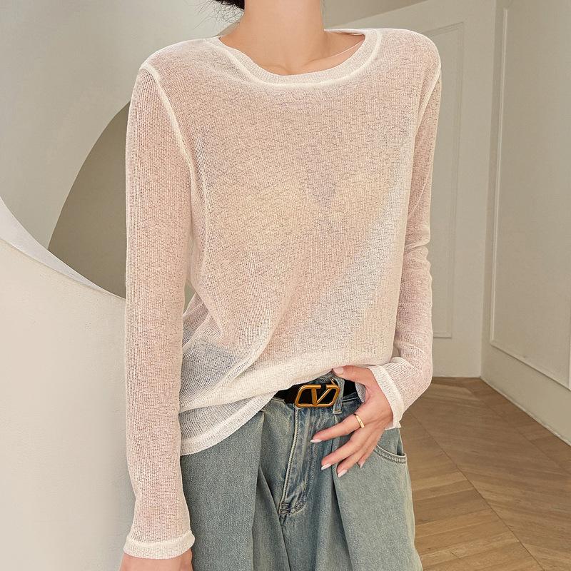 Summer Thin Long Sleeve T Shirts for Women Round Neck Loose Knitted T-Shirt Solid Color Casual Tee Tops