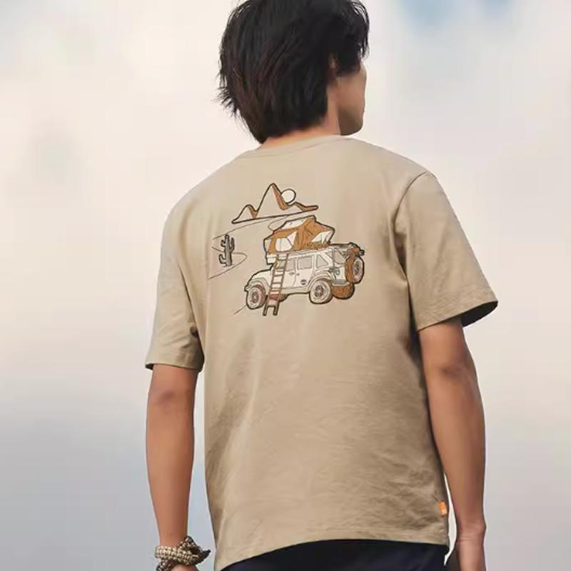 Timberland Fun Camping Pattern Printed Casual Round Neck Short Sleeve T-Shirt Unisex Tops Light-Earth A5UWK-269