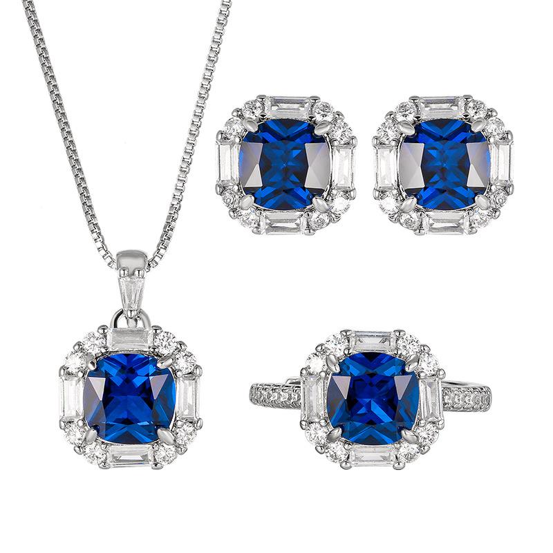 Jewelry Copper Bottom Gold-Plated Simulation Blue Pointed Crystal Fat Square Simple Style Jewelry Set Female 8 * 8