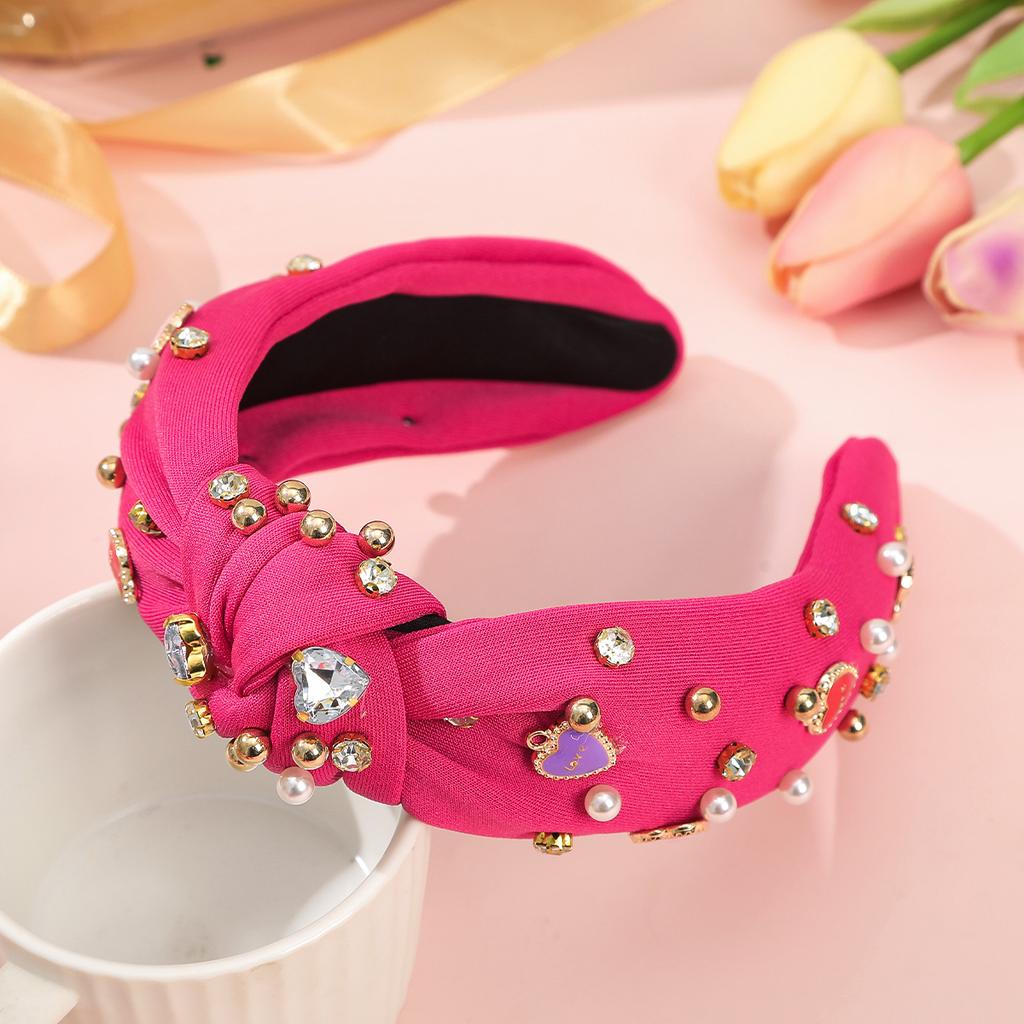 AWAYTR New Love Heart Bowknot Hairband for Women Cute Pearl Red Wide Diamond Headband Hair Hoop Hair Accessories Valentine's Day