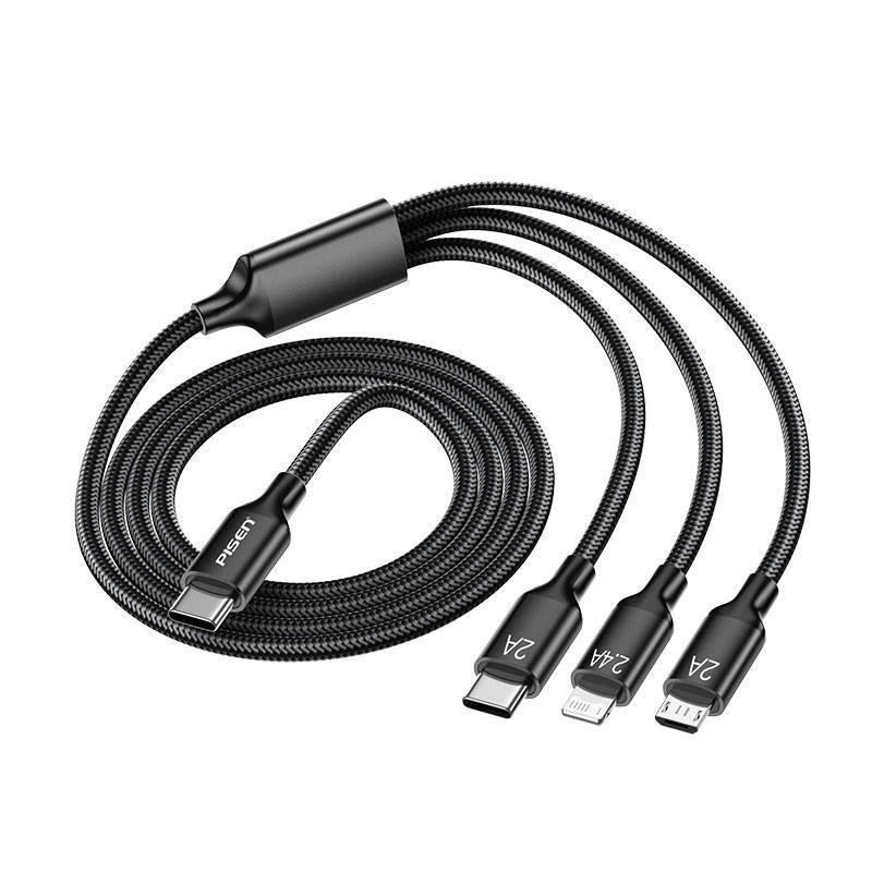 PISEN 3-in-1 Multi-Function Charging Cable: Compatible with Apple 14, Android, Type-C Devices.