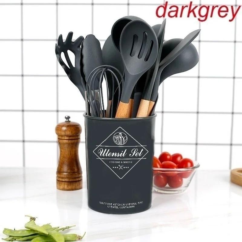11pcs Wooden Handle Silicon Utensil Kitchen Tools Cookware Spatula Soup Spoon Brush Ladle Pasta Colander Non-stick Kitchenware