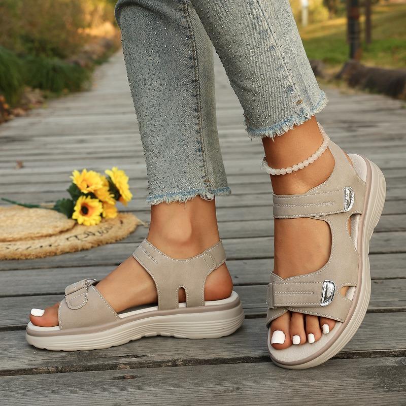 Plus Size Women Sporty Hook & Loop Peep Toe One Strap Casual Sandals