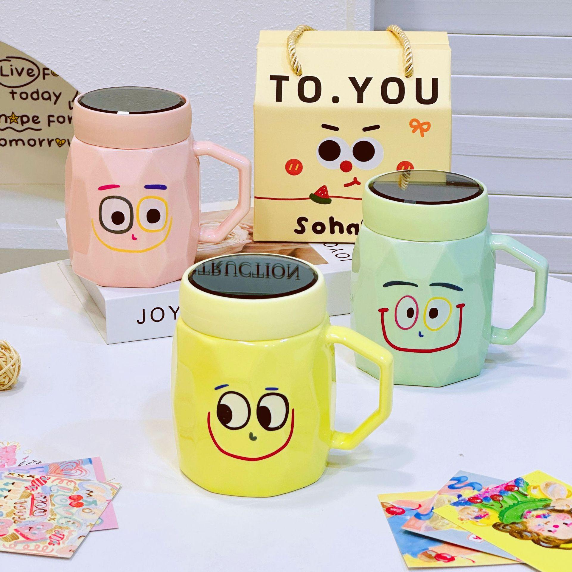 Мультяшная кружка «Большой рот» с улыбающимся лицом, милая керамическая чашка с крышкой, небольшой подарок, парная чашка для воды, чашка с высокой термостойкостью, студенческая 400ML