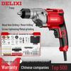 Delixi 220V Handheld Electric Drill: Multifunctional Household Tool for Drilling and Screwdriving.