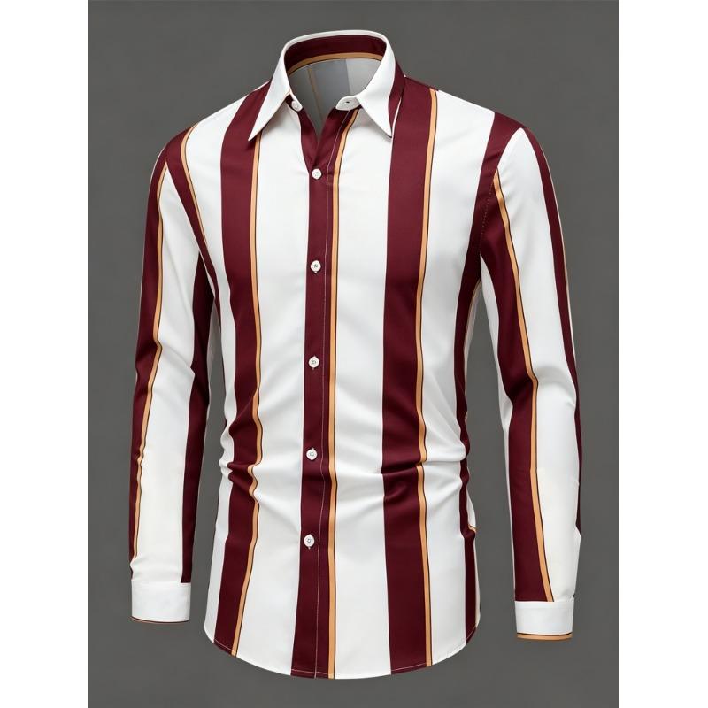 Men's Olive Green Vertical Striped Long Sleeved Shirt with Collar, European and American Business Daily Casual Versatile Top