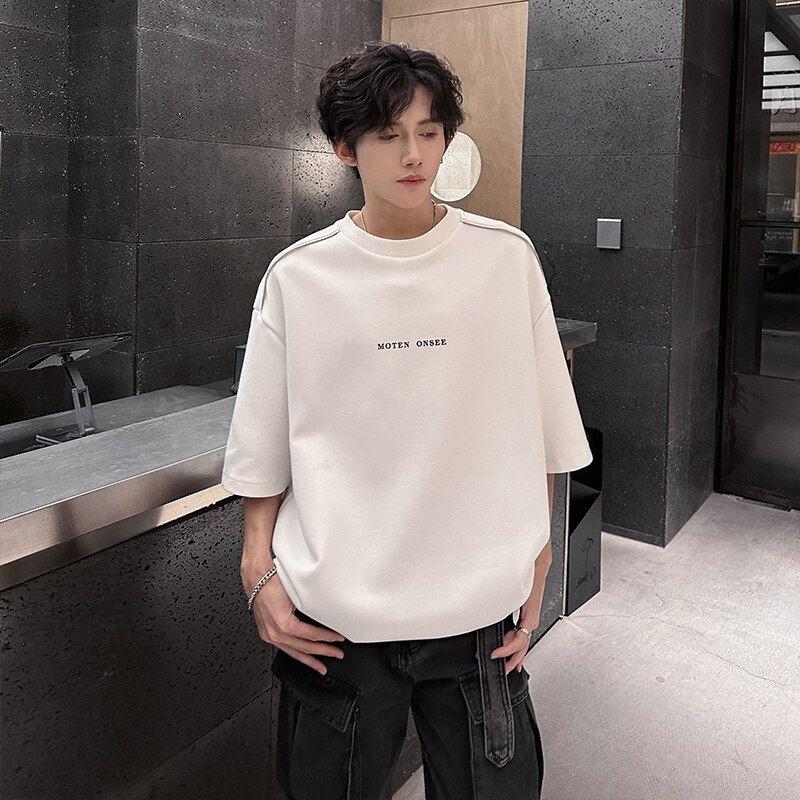 Men's Black T-shirt Streetwear Style Short Sleeve Letter Print Casual Loose Fit Top