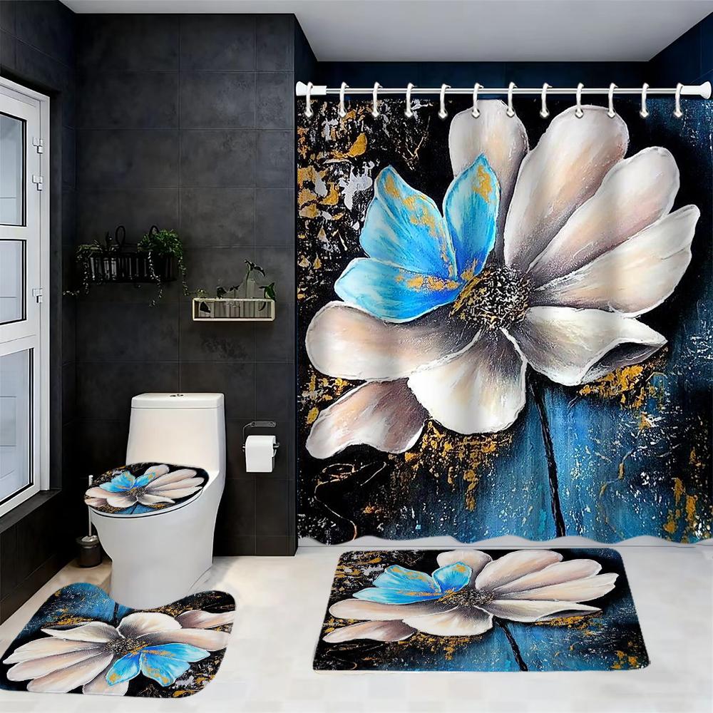 Floral Pattern Shower Curtain Bath Sets Waterproof Non-Slip Bathroom Rug Toilet U With 12 Hooks Home Deco