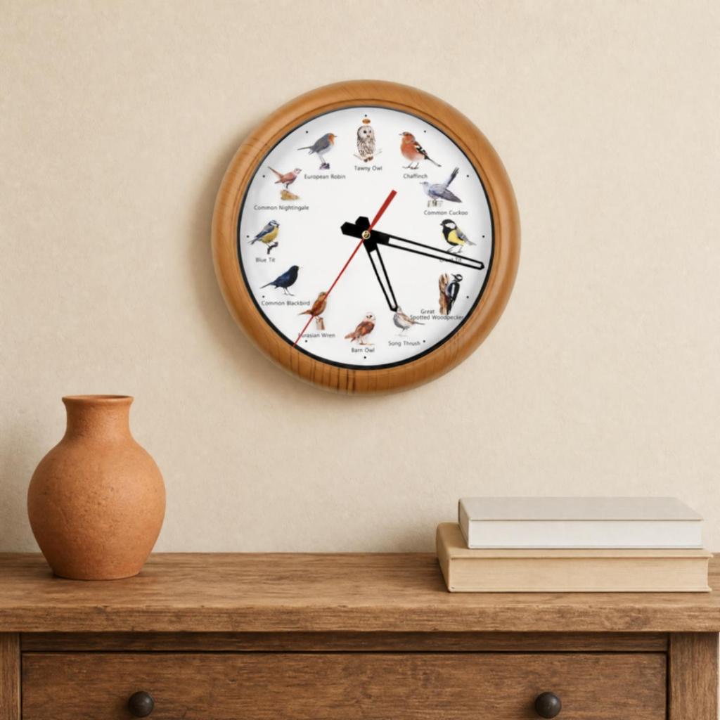 Round Wall Clock with Wooden Frame Nature-Inspired for Living Room, Hallway