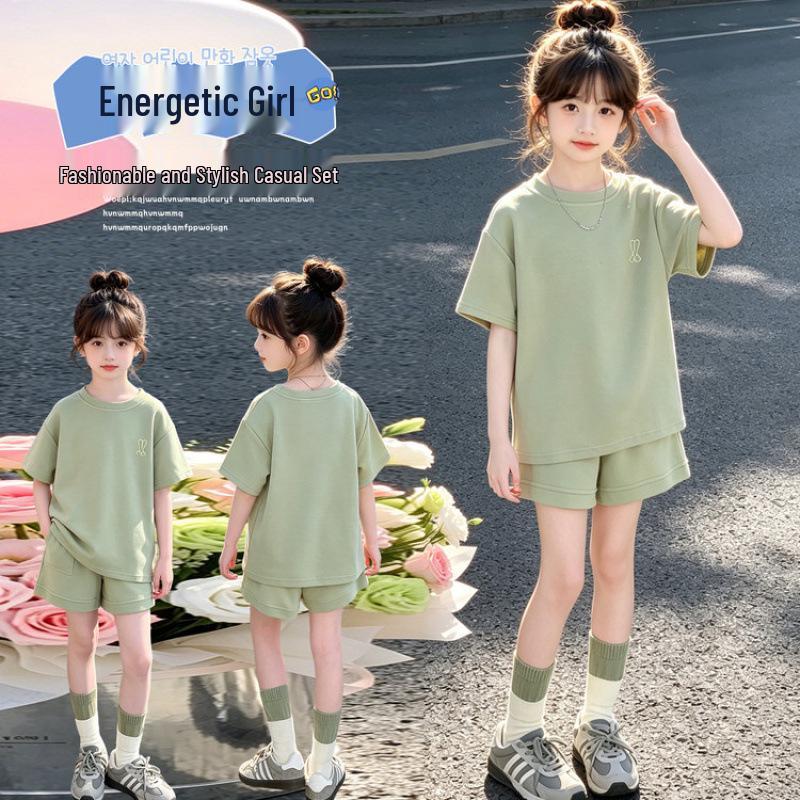 Girls' Korean Style Summer Sports Set: Short Sleeve & Shorts Two-Piece