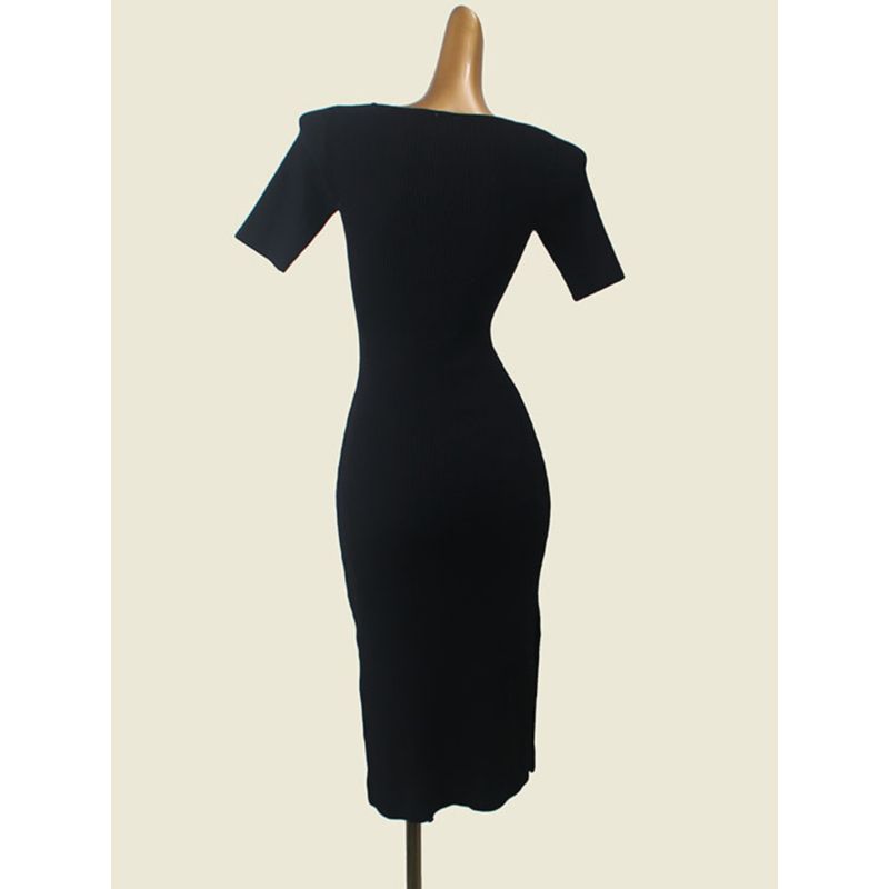 Foreign Trade Original Order Square Collar Rib Hip Skirt Western Style Side Slit Slim fit Bottoming Knitted Short sleeve Dress