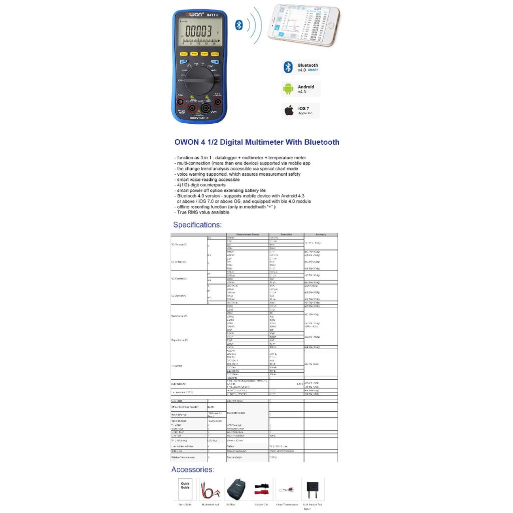 OWON B41T+ 4 1/2 Digital Multimeter With Bluetooth True RMS Backlight Test Meter Multímetros